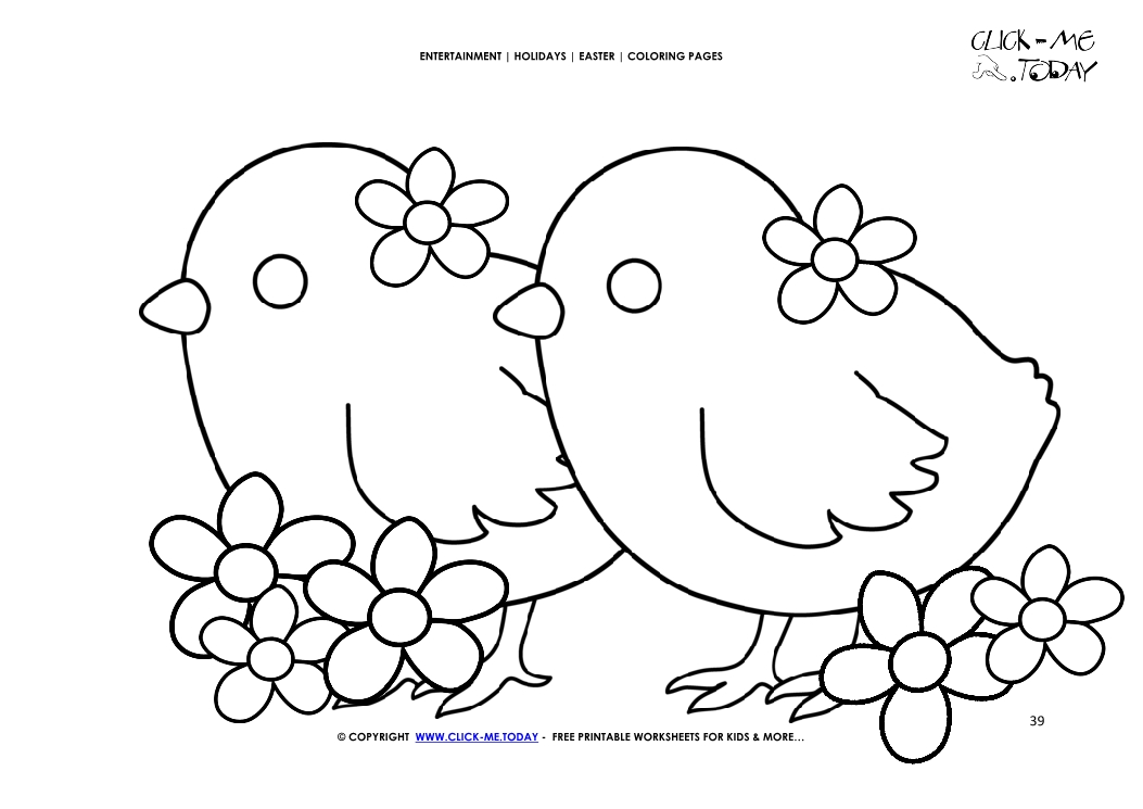 Easter Coloring Page: 39 Flowers and Easter cute chicks